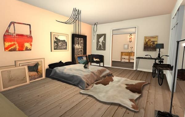 Simple but stylish bedroom that's typical of a creative personality that loves collectible items and artworks. Uncluttered and aesthetically pleasing, this has its own unique character.