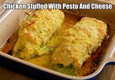 if your looking for a wonderful chicken recipe that goes perfect with pasta then here it is. Here you have baked chicken stuffed with pesto and cheese. Serve it with your favorite pasta for a wonderful meal.