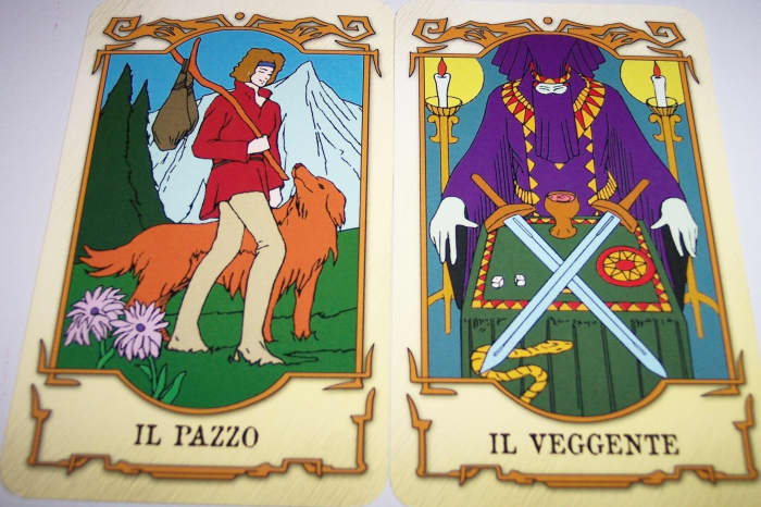These are two of Hitomi's Tarot Cards from the anime series Tenkuu no Escaflowne (Vision of Escaflowne). Il Pazzo is Italian for The Fool while Il Veggente means The Magician