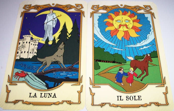 The names of Hitomi's Tarot Cards from the anime series Tenkuu No Escaflowne (Vision of Escaflowne) are in Italian. La Luna is The Moon while Il Sole is The Sun