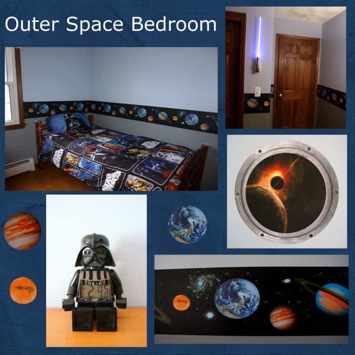 Design a colorful and interesting outer space-themed bedroom with wall decals, paint, and fun accessories!