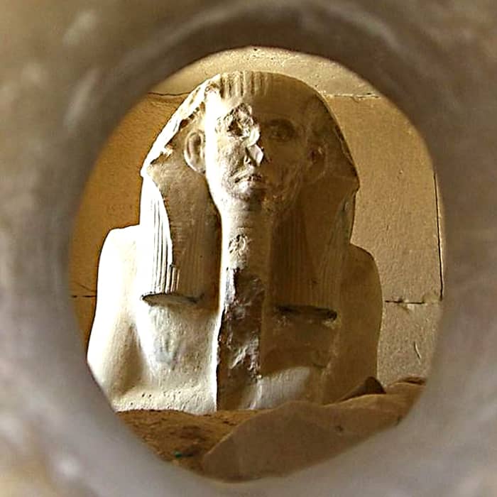 The replica statue of Djoser which now rests in one of the chambers in the burial complex at Saqqara. The original was discovered here during excavations in the 1920s