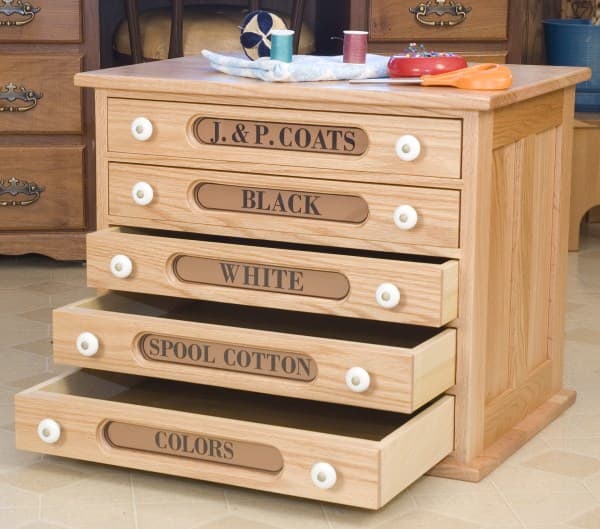 Reproduction spool cabinets from Cottage Craft Works make nice end tables and hobby and scrap book storage.