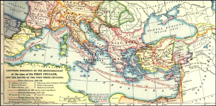The crusader journey map, the crusaders made several journey to the Holy Land in the hope of leberating it from the Saracenes.