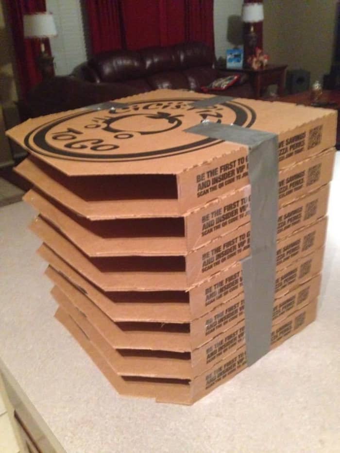 Stacked pizza boxes are a great recycling project fir storing card stock. You could cover the tops and sides with patterned paper. The great thing about this project is you can customize the height to fit your needs.