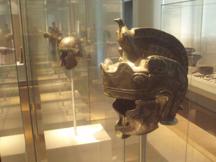 Roman helmets from the Upper Germanic limes, at the Germanisches Nationalmuseum in Nuremberg. Front: cavalry parade helmet, late 2nd century. Back: 2nd century infantry late Galea-type helmet.