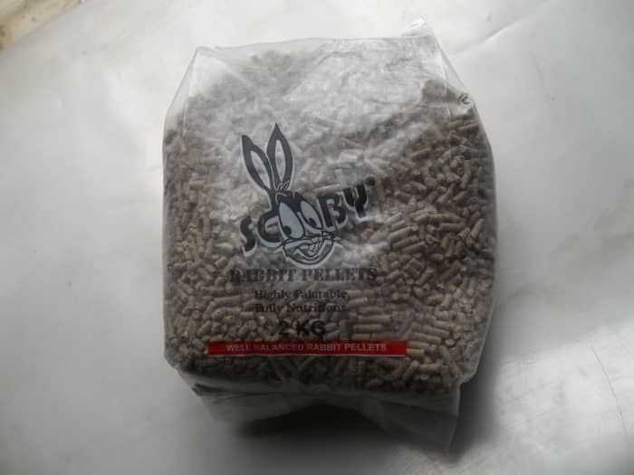 2kg of rabbit pellets from a supermarket at Sh.115. One can get different brands at Sh. 90. The most expensive brand costs Sh. 160 for 2kg.