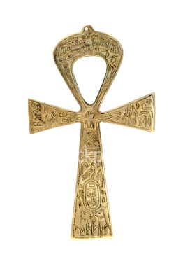 The Egyptian ankh shape has unknown origins, but many think it is derived from a sandal strap. Pictorial Egyptian deities often carry the ankh in their hands.
