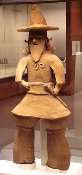A haniwa statue, showing the significant changes in style from the Yayoi to Kofun periods--namely, pants and hats.