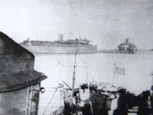 The last known photo of the Wilhelm Gustloff as she leaves Danzig. This photo provided a key clue to historians. The ship is riding very low in the water, evidence of it's overcapacity.