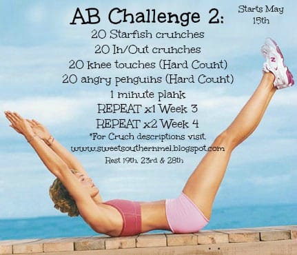colorful ab challenge poster with a water background and a girl in a two piece pink workout outfit and a list of specific abdominal exercises