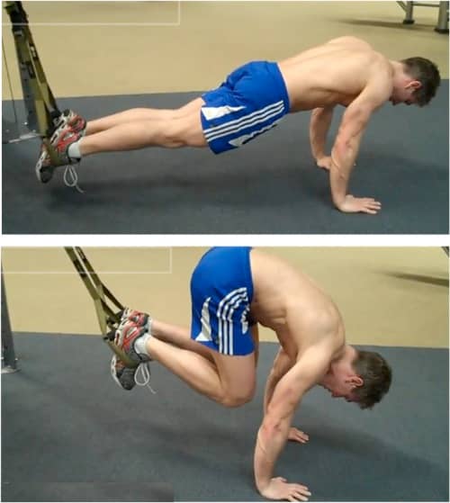 demonstration of the suspended abdominal crunch using the TRX with bare chested male in blue workout shorts showcasing starting movement split screen with the second movement