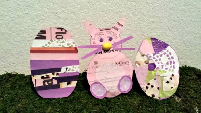 Cut cardboard box into shape of egg and cover with various paper (newspaper, construction paper, paper doilies, etc.). For the bunny: cut one small circle for head, one larger circle for body and two feet. Use hole puncher to cut out eyes.