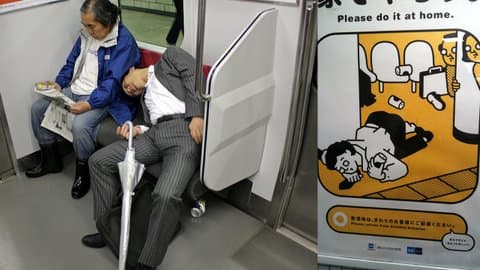 Commuter etiquette poster in Tokyo Subway on sleeping in the train - Reasons: long commute time, can be two hours. They also stay out late drinking, but have to be up early for work