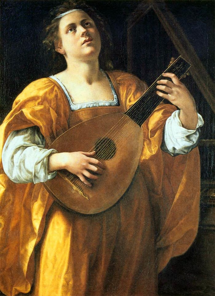 A. Gentileschi, St. Cecile Playing the Lute (a. 1620), Rome Spada Gallery. The face of the saint recalls Artemisia. Cecile is wearing a yellow dress, the favorite colour of Artemisia, that she had learned to make from her father.