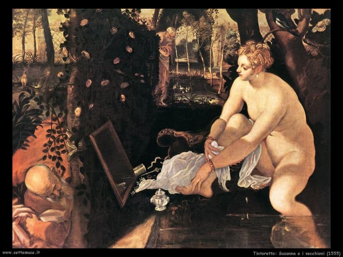 Tintoretto, Susanna and the Elders (a. 1555), Vienna Kunsthistorisches Museum. This painting shows a male interpretation of the fact.