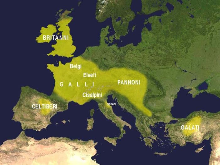 Map showing all the areas where Celtic tribes lived in Europe and the British Isles. The Celtic Gaul tribes were located in Continental Europe in the 3rd century BC.