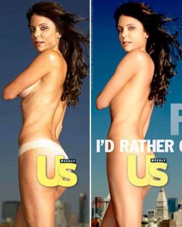 Bethenny Frankel. The left side is the original photo. The right has been airbrushed and photo shopped. Notice her skin is smoother, the cellulite is gone, and her skin has a glow.