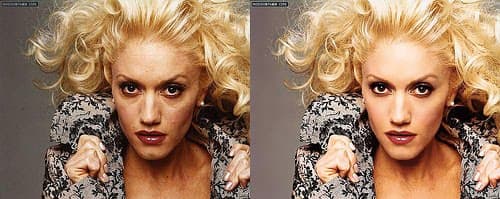 Gwen Stefani's skin has been smoothed and given a glow. The wrinkles and under-eye circles and bags are gone.