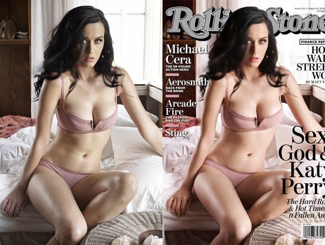 Katy Perry has been given fuller breast in the photo on the right, her waist has been slimmed, and of course don't forget the glowing skin!