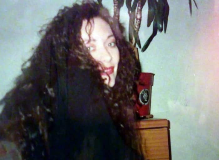 Me in 1992, when I had done myself a full head of human hair extensions (with my long-suffering mum's help) - dyed them black and even permed them. It took me and mum about three days! They were so well done, they lasted for about two years.