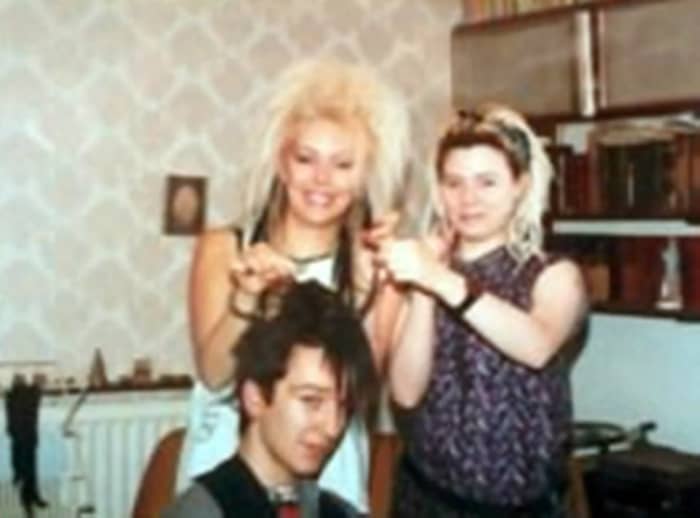 This was me and Michelle doing hair extensions for John (Elvis) in the mid-1980s in my parents' dining room