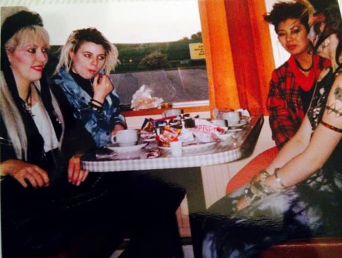 Me on the left on the motorway services, with my friends Michelle (sitting next to me), Jenny and Boz.