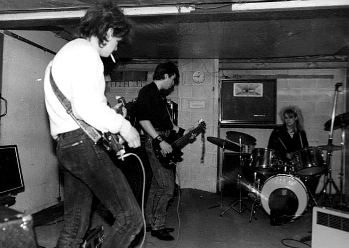 Arcana rehearsal at Red Box studios, with Steve on guitar, Mick on bass and me fooling around on the drums.