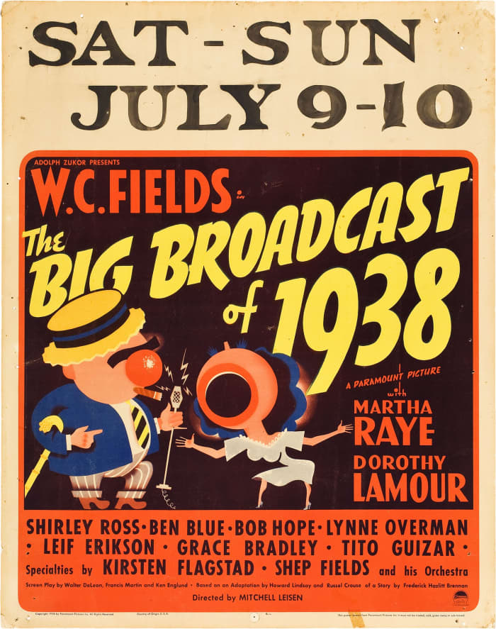 The Big Broadcast of 1938 Paramount Jumbo Window Card 22" X 28" W.C. Fields, Martha Raye, Dorthy Lamour