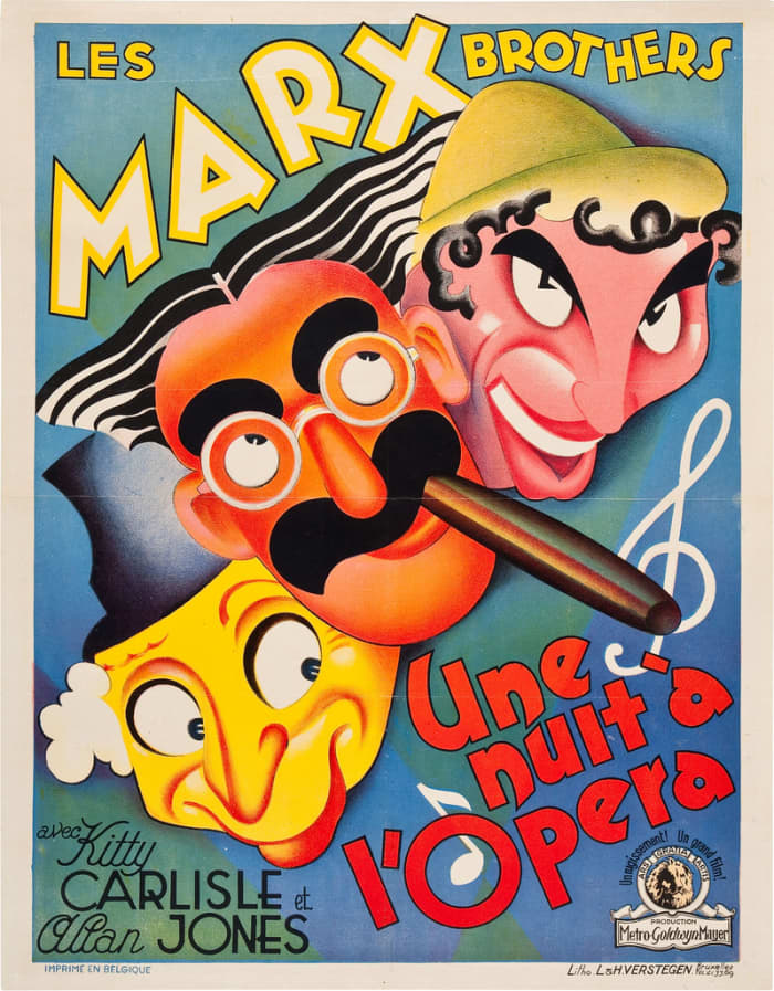 "A Night at the Opera" (MGM, 1935). Pre-War Belgian (24" X 30.5") Marx Brothers, Groucho, Harpo, Chico