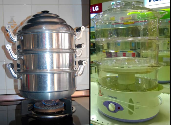 Tiered Steamers or Stacking Steamers -Left: aluminum steamer Right - electrical heat-proof plastic steamer