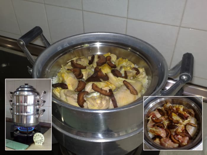 A simple and easy recipe - marinated chicken and mushroom placed over white rice (Inset - uncooked dish)