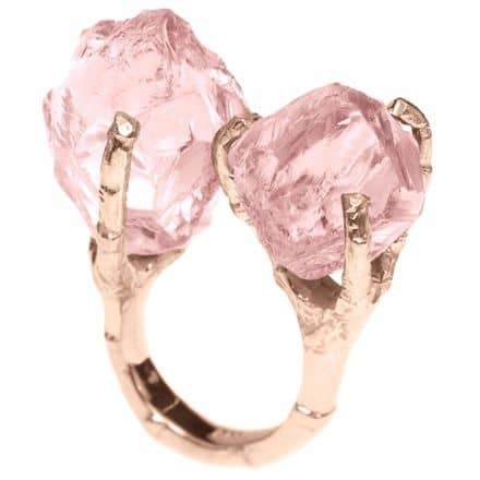 "Bamboo Tree" Ring by Marylin Tan. Two pieces of rough rose quartz are set into 18k gold plated Sterling. Photo courtesy of Marylin Tan