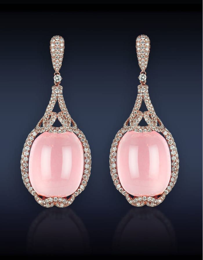 These, in contrast to the picture immediately preceding it, are spectacular! Lustrous, opaque rose quartz earrings by Jacob &Co. Photo courtesy of Jacob &Co.