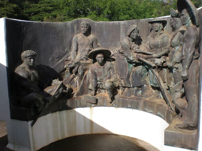 The sculpture honoring the workers of the Koloa Sugar Plantation