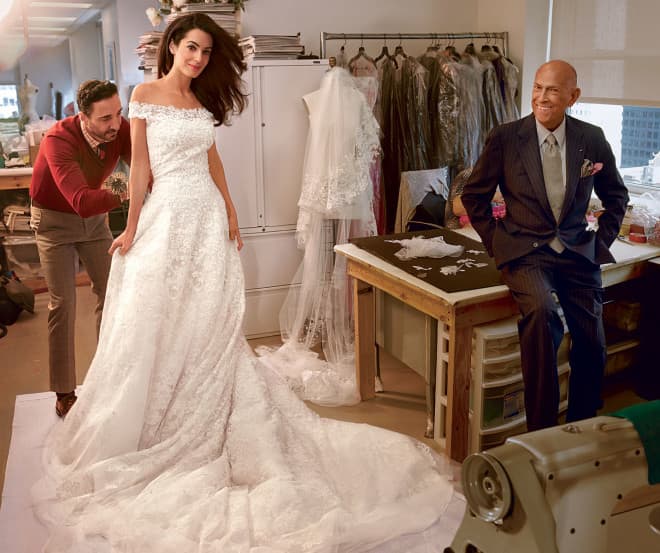 Amal Alamuddin (bride of George Clooney) and Oscar de la Renta at her final wedding dress fitting.