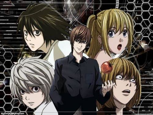 Center, counterclockwise: Light (antihero/villain), Near (hero), L (hero), Misa (antihero), Mello (antihero) I absolutely love this image because it shows all the major characters, but also lines them up in such a way that shows their connection.