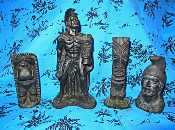 One is a eight inch vintage Hawaiian lava King Kamehameha Coco Joe's Hawaii #134, and then there are two vintage Hawaiian Tiki’s made from Coco Joe one is dated 1964. Then there is a bust figure of Hawaiian King Kamehameha, made in the 1960s it is 4