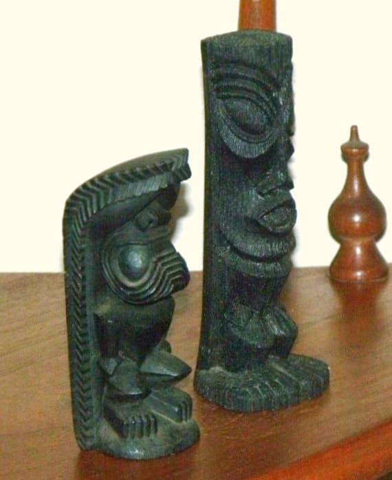 Here we have two vintage, wonderfully made, Coco Joe Lava of the Hawaiian Islands Tiki’s made in 1964. The carving and workmanship is suburb in these pieces.