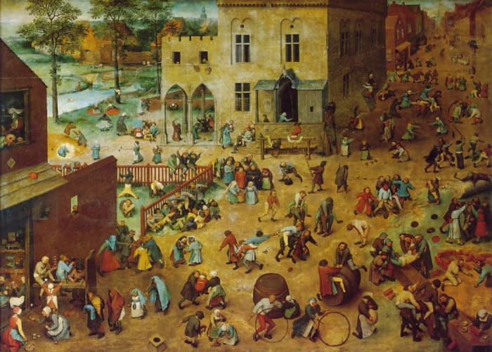 The painting "Children's Game" depicts various children playing a wide variety of games, and playing with toys of a wide variety of types.