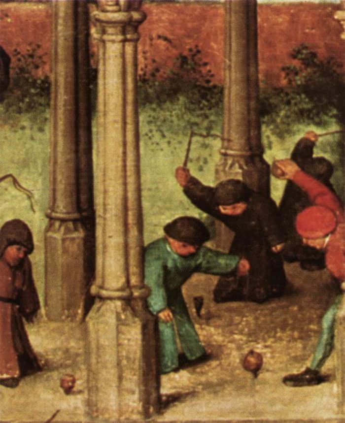 A detail from Children's games shows a variety of children playing with Tops.
