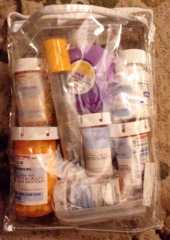 Medications include those for heart, lung, neuropathy, costochondritis, arthritis, epi-pen for allergic reactions, depression meds, COPD/emohysema meds, B12 deficiency meds to name a few.