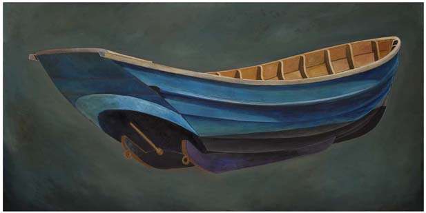 Diagrammatic view of a coble seen from the stern. Based on the Norse ship design, the vessels were once double-ended, only latterly built with squared-off sterns. This vessel has been built to have a motor attached