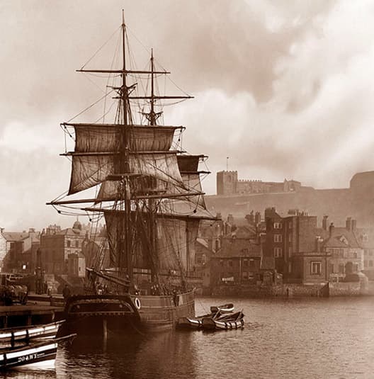 A Whitby 'Cat' cabled in Whitby Harbour at the turn of the 20th Century, taken by the well-known local photographer Frank Meadows Sutcliffe