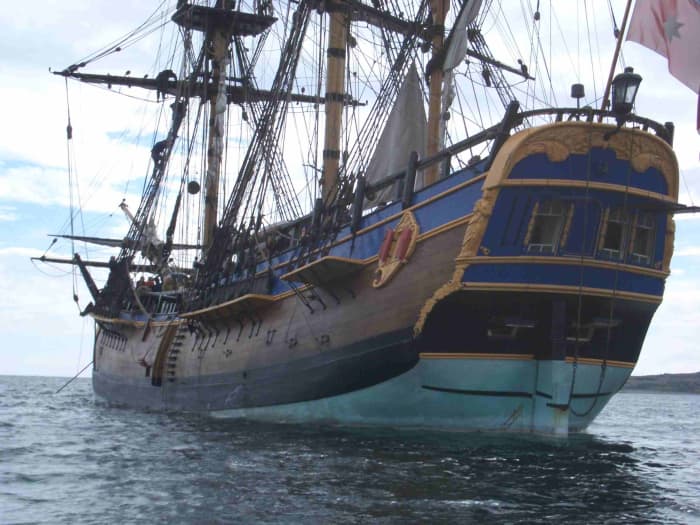 The full-size replica . 'ENDEAVOUR', Captain Cook's first ship was a Whitby Collier, or 'Cat', as suitable for inshore work due to its shallow draught as she was on the high seas across the Atlantic and around Cape Horn on her ocean-going debut