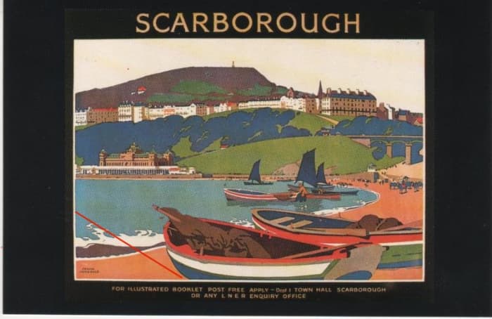 LNER railway poster shows Yorkshire cobles drawn up on the South Bay sands at Scarborough