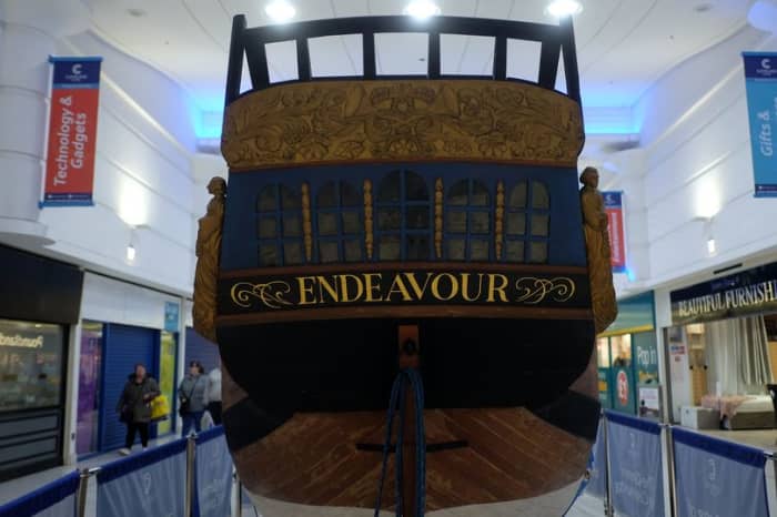 The afterdeck and stern superstructure of 'Endeavour'. The windows are those of the captain's cabin.