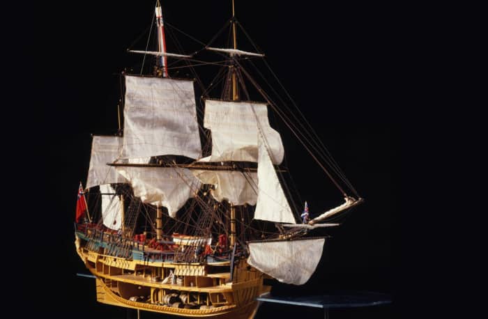 This cutaway model of HMS 'Endeavour' Bark is exhibited in the National Maritime Museum at Greenwich, London, and shows the below decks arrangement of stowage, crew and officers' accommodation