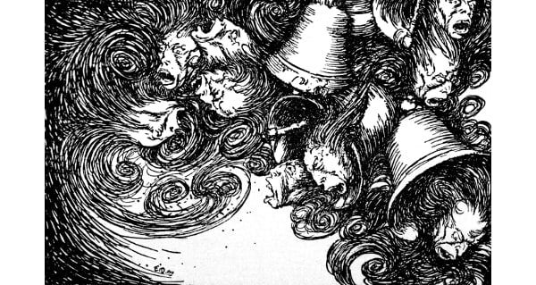 Here we show the monotone illustration known as 'The Bells' - it is from the suite by Edmund Dulac published in "The Bells and Other Poems" (1912).