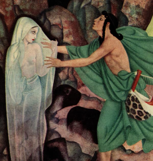 Here we show a portion of 'Orpheus and Eurydice' - it is from the suite by Edmund Dulac published in "Gods and Mortals in Love" (1935).